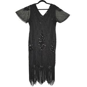 PrettyGuide Dress Womens 3XL Black Beaded Fringe Flapper 1920s Gatsby Art Deco